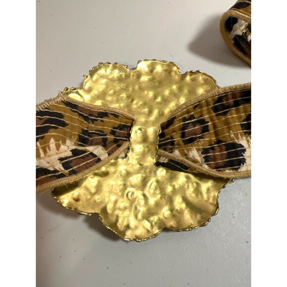 Vintage Hammered Brass Floral Belt Buckle Leopard Print Adjustable Fabric Strap - Picture 5 of 8